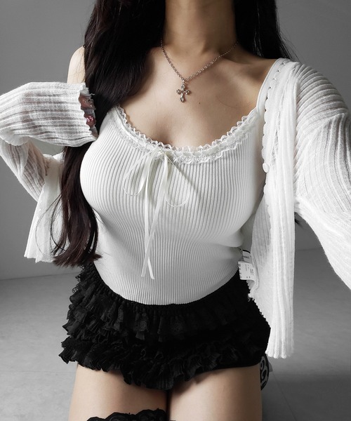 me+em select（ミームセレクト）の「【 ３color ／ インパン裏地付 】フリルレースミニスカート ／ frill lace mini skirt※※（スカート・レディース・ブルー/ホワイト/ブラック・FREE）」の6枚目の写真