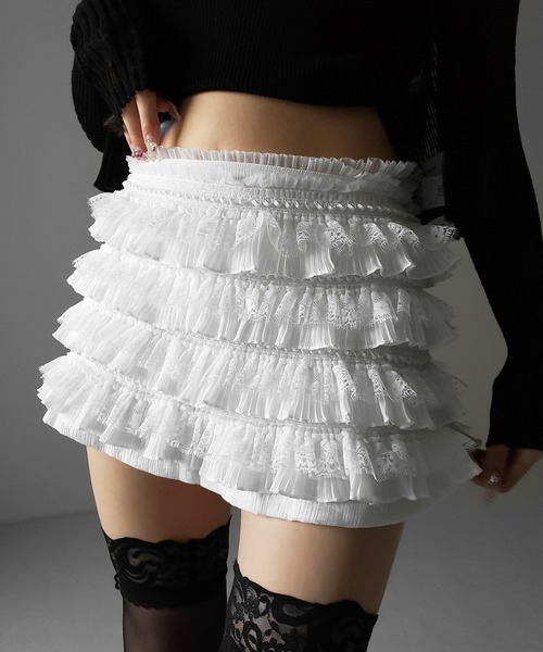 me+em select（ミームセレクト）の「【 ３color ／ インパン裏地付 】フリルレースミニスカート ／ frill lace mini skirt※※（スカート・レディース・ブルー/ホワイト/ブラック・FREE）」の11枚目の写真