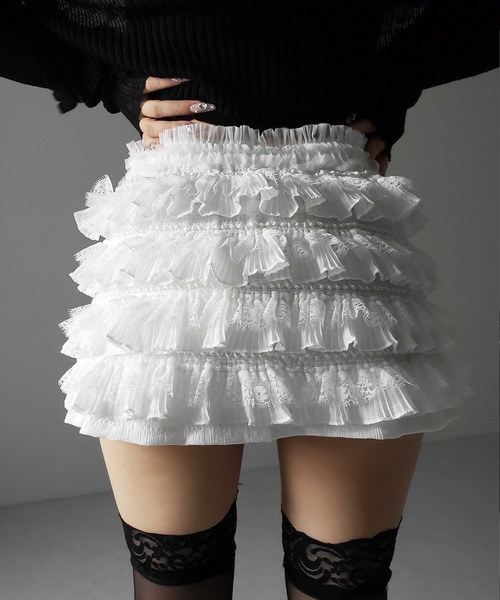 me+em select（ミームセレクト）の「【 ３color ／ インパン裏地付 】フリルレースミニスカート ／ frill lace mini skirt※※（スカート・レディース・ブルー/ホワイト/ブラック・FREE）」の16枚目の写真