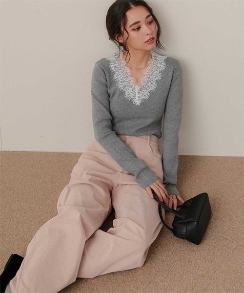 titivate（ティティベイト）の「レース付Vネックリブニットトップス（ニット/セーター・レディース・チャコール/ライトブルー/ネイビー/ブラック/アイボリー・S/M/L）」の20枚目の写真