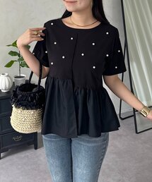 センターライン裾アシメフリルパールペプラムTシャツ