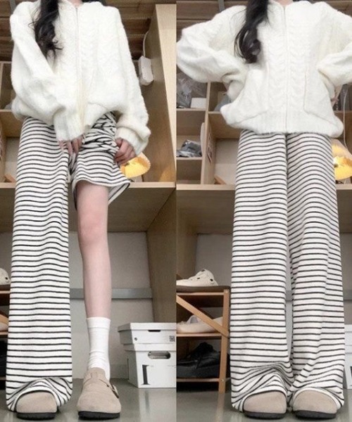 AsheKsha(アシクシャ)の「オフホワイト細ストライプのドローストリングワイドパンツ(その他パンツ・レディース・ブラック×ホワイト・F)」の6枚目の写真