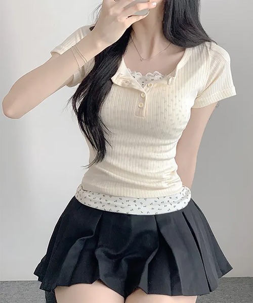 Girly Doll(ガーリードール)の「ヘンリーネック小花柄レイヤード半袖カットソー(その他トップス・レディース・ベージュ/ブルー・L/M)」の11枚目の写真