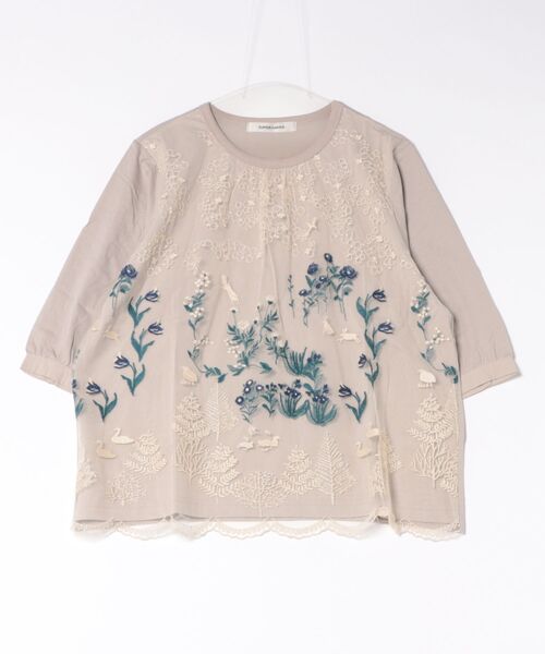 花舞う森辺刺繍チュールレース×天竺×コットンタイプライターブラウス 