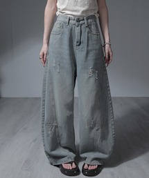 ダメージ加工カーブ切替ワイドバレルデニムパンツ