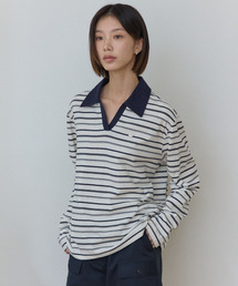 オープンカラー ロゴ ストライプ スリーブ Tシャツ - アイボリー