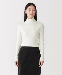 婦人 カシミヤ混リブ編みタートルネック長袖Tシャツ