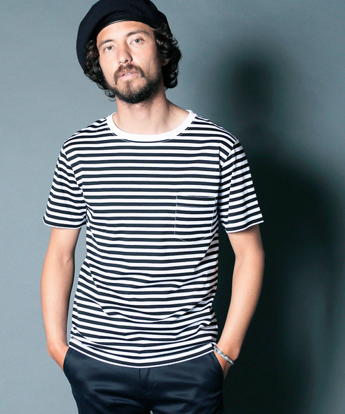 Magine（マージン）の「CTN BOADER C/N PKT TEE S/S:コットンボーダー クルーネックポケットTEE（Tシャツ/カットソー・メンズ・ブラック×グレー/グレイッシュベージュ/ホワイト×ネイビー/ホワイト×ブラック・48/44/46）」の2枚目の写真