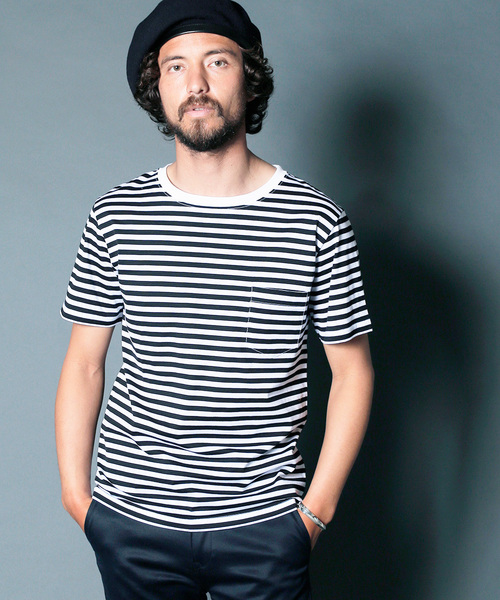 Magine（マージン）の「CTN BOADER C/N PKT TEE S/S:コットンボーダー クルーネックポケットTEE（Tシャツ/カットソー・メンズ・ブラック×グレー/グレイッシュベージュ/ホワイト×ネイビー/ホワイト×ブラック・48/44/46）」の5枚目の写真