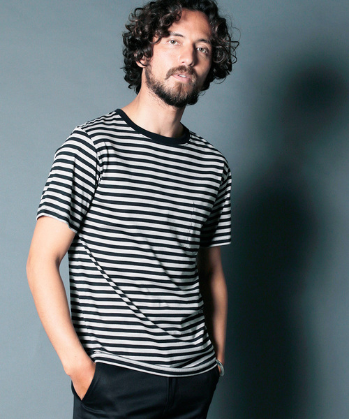 Magine（マージン）の「CTN BOADER C/N PKT TEE S/S:コットンボーダー クルーネックポケットTEE（Tシャツ/カットソー・メンズ・ブラック×グレー/グレイッシュベージュ/ホワイト×ネイビー/ホワイト×ブラック・48/44/46）」の8枚目の写真