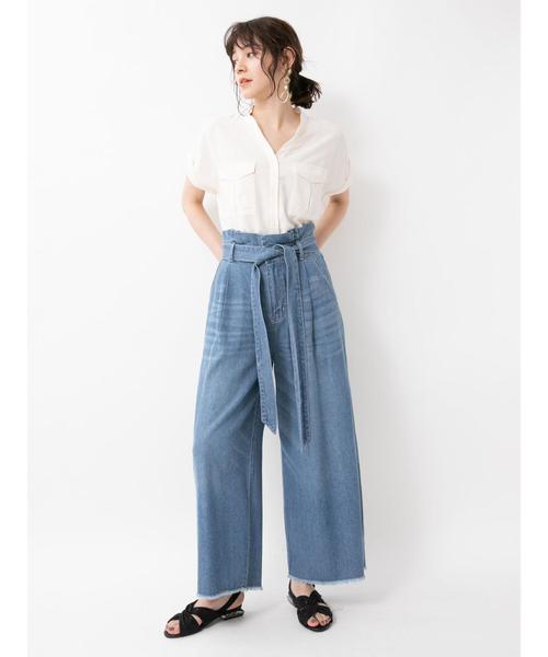 Editt by YECCA VECCA（エディットバイイェッカヴェッカ）の「麻混カットオフデニムワイドパンツ（デニムパンツ・レディース・インディゴブルー/ライトインディゴブルー・S/M）」の9枚目の写真