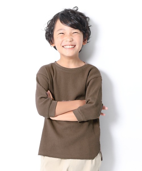 devirock（デビロック）の「ワッフル7分袖Tシャツ（Tシャツ/カットソー・キッズ・ベージュ/オフホワイト/ダークオリーブ/モカ/パープル系その他/キャメル/スミクロ・80ｃｍ/90cm/110cm/100cm/120cm/130cm/140cm/150cm/160cm）」の4枚目の写真
