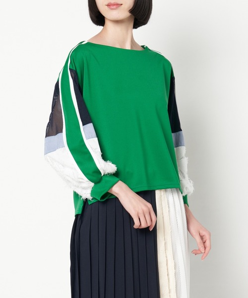 ライチ（ライチ）の「oops/《doll up oops》メッシュパッチワークスリーブトップス（シャツ/ブラウス・レディース・ブラック/オフホワイト/グリーン・38）」の3枚目の写真