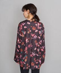 UNITED ARROWS フラワーデザイン 長袖ブラウス ノーカラー 青黒 BEAUTY&YOUTH UNITED ARROWS（ビューティーアンドユース