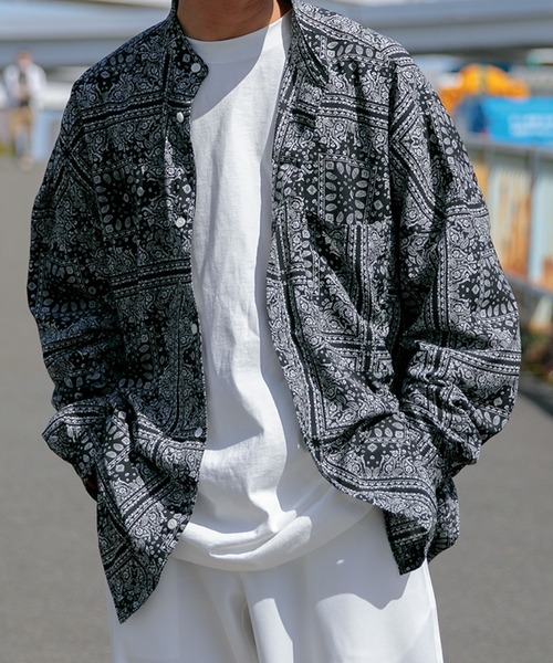 Adoon plain（アドーンプレーン）の「【Adoon plain】バンドカラーオーバー柄シャツ（シャツ/ブラウス・メンズ・オフホワイト/ブラック/グリーン/ブルー・MEDIUM/LARGE）」の3枚目の写真