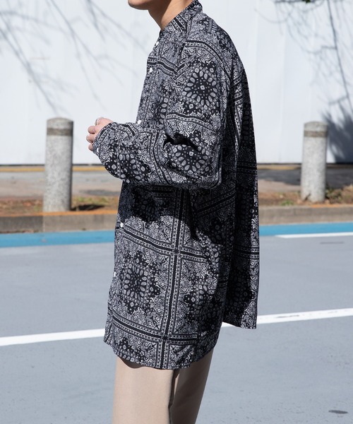 Adoon plain（アドーンプレーン）の「【Adoon plain】バンドカラーオーバー柄シャツ（シャツ/ブラウス・メンズ・オフホワイト/ブラック/グリーン/ブルー・MEDIUM/LARGE）」の6枚目の写真