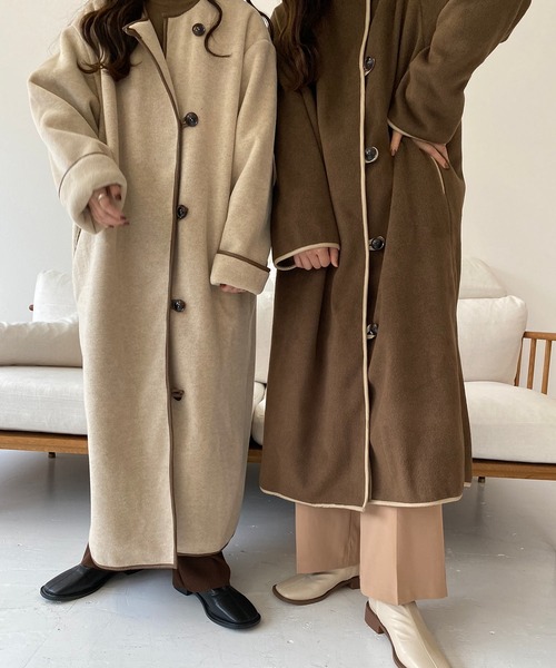 lawgy(ラウジー)の「original piping coat(ノーカラーコート・レディース・ベージュ/ブラウン・FREE)」の17枚目の写真