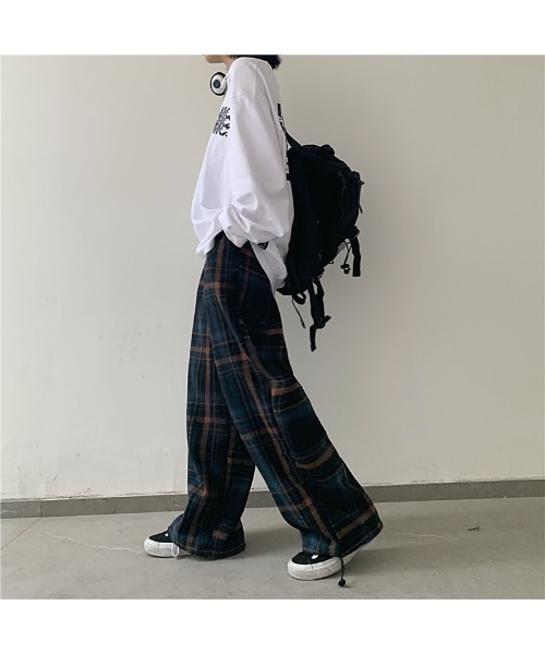 2色 チェック柄ダブルウエスト スウェット ワイドレッグ パンツ チェック柄ワイドパンツ チェックパンツ ボトム[品番