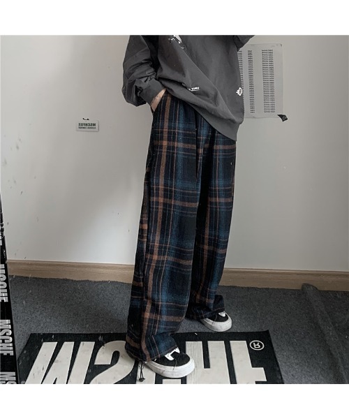 チェックシャツ／ワイドレッグパンツ セットアップ r-3793 ARCHIVER パンツ チェック柄ルーズワイドレッグパンツ