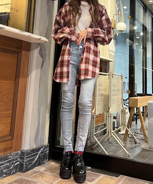 HEYUMM（ヘユム）の「オンブレチェックルーズバンドカラーシャツ（シャツ/ブラウス・レディース・ホワイト系その他/ブルー系その他/レッド系その他・ONE）」の3枚目の写真