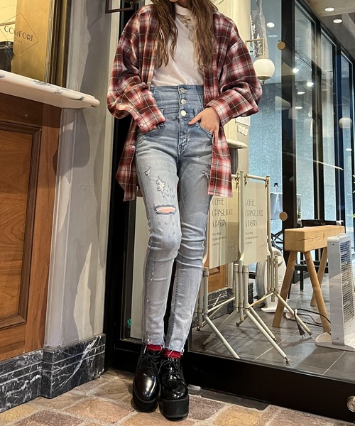 HEYUMM（ヘユム）の「オンブレチェックルーズバンドカラーシャツ（シャツ/ブラウス・レディース・ホワイト系その他/ブルー系その他/レッド系その他・ONE）」の8枚目の写真