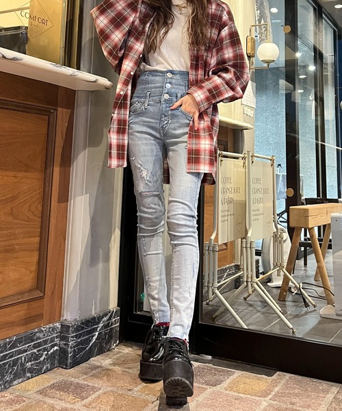 HEYUMM（ヘユム）の「オンブレチェックルーズバンドカラーシャツ（シャツ/ブラウス・レディース・ホワイト系その他/ブルー系その他/レッド系その他・ONE）」の9枚目の写真