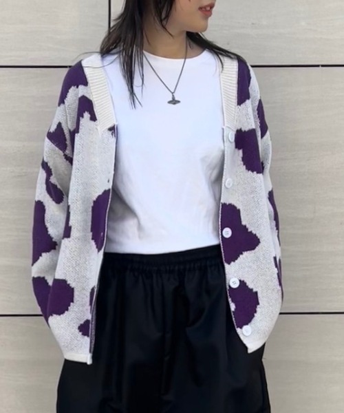 L.H.P(エルエイチピー)の「courage/クラージュ/総柄オーバーサイズシルエットニットカーディガン(カーディガン/ボレロ・レディース・グリーン/ブラック/パープル・FREE)」の3枚目の写真