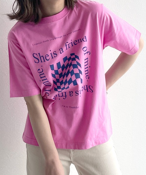 w closet(ダブルクローゼット)の「チェッカープリントTee(Tシャツ/カットソー・レディース・オフホワイト/ピンク/スミクロ・FREE)」の3枚目の写真