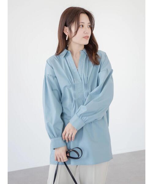 Green　Parks（グリーンパークス）の「・furry rate スキッパーピンタックチュニック（シャツ/ブラウス・レディース・ネイビー/オフホワイト/ブルー/グレイッシュベージュ・FREE）」の18枚目の写真