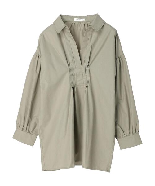 Green　Parks（グリーンパークス）の「・furry rate スキッパーピンタックチュニック（シャツ/ブラウス・レディース・ネイビー/オフホワイト/ブルー/グレイッシュベージュ・FREE）」の7枚目の写真