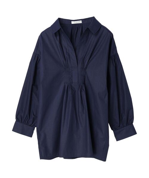 Green　Parks（グリーンパークス）の「・furry rate スキッパーピンタックチュニック（シャツ/ブラウス・レディース・ネイビー/オフホワイト/ブルー/グレイッシュベージュ・FREE）」の4枚目の写真