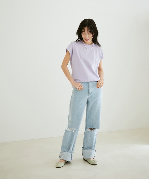 SALON adam et rope'（サロン アダム エ ロペ）の「【イージーケア・UVカット】Prima ZymフレンチスリーブクルーネックTシャツ（Tシャツ/カットソー・レディース・ホワイト/ブラック/カーキ/サックスブルー・FREE）」の7枚目の写真