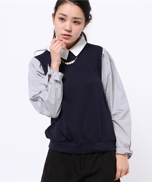 natural couture（ナチュラルクチュール）の「【ナチュラルクチュール】袖シャツ地　衿付きスウエット（スウェット・レディース・オフホワイト/トップグレー/ネイビー・FREE）」の3枚目の写真