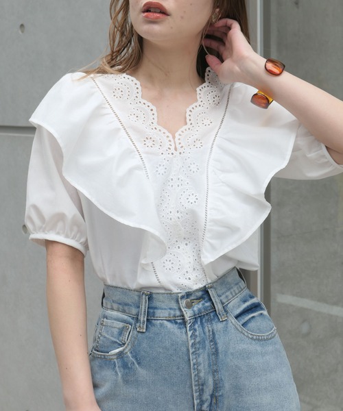 OPEN YY フリル付きホワイト半袖シャツ OPEN YY フリル付きホワイト半袖シャツ - メルカリ