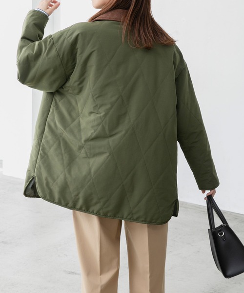 BONLECILL（ボンルシール）の「2way襟コーデュロイ 中綿ダイヤキルトジャケット（ノーカラージャケット・レディース・ブラック/カーキ/アイボリー/ブラウン系1/アイボリー系1・FREE）」の21枚目の写真