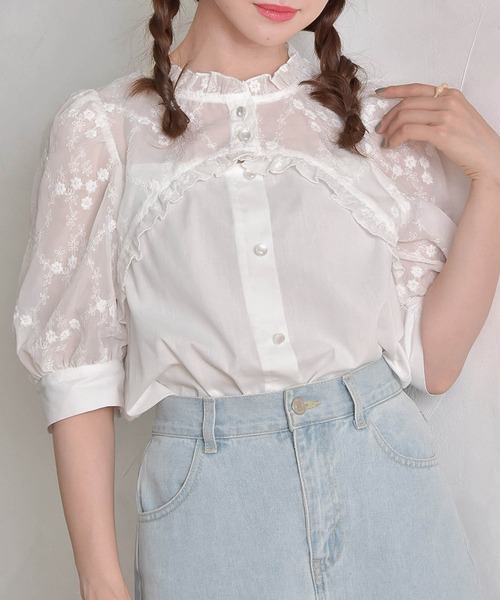 ems excite（エムズエキサイト）の「２way花柄BL（シャツ/ブラウス・レディース・ブルー/ブラック/ホワイト・FREE）」の2枚目の写真