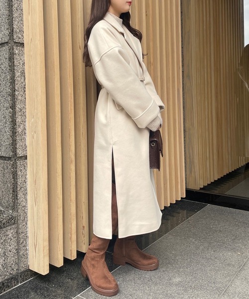 one after another NICE CLAUP（ワンアフターアナザーナイスクラップ）の「大人可愛い着こなし。ベルト付きロングコート（チェスターコート・レディース・アイボリー/ベージュ/ブラウン系その他・SMALL/MEDIUM）」の6枚目の写真