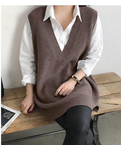 Chaco closet（チャコ クローゼット）の「オーバーサイズ深Vベスト（ベスト・レディース・ブラウン/グレー/ブラック・FREE）」の3枚目の写真