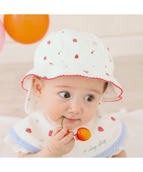 SLAP SLIP BABY(スラップスリップベビー)の「SLAPSLIPBABY/【お揃い】フルーツ総柄プリントハットベビー(46~48cm)(その他ベビー用品・キッズ・レッド系その他/イエロー系その他・46/48)」の2枚目の写真