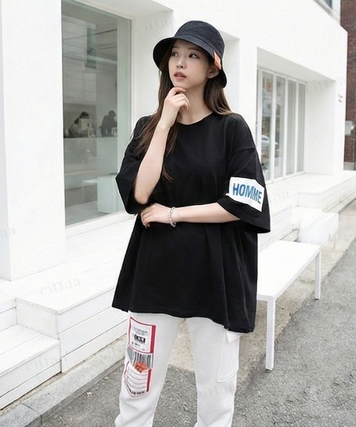 Dalfwin（ダールフィン）の「韓国ファッション HOMMEプリント半袖Tシャツ（Tシャツ/カットソー・レディース・ホワイト/ブラック・FREE）」の8枚目の写真