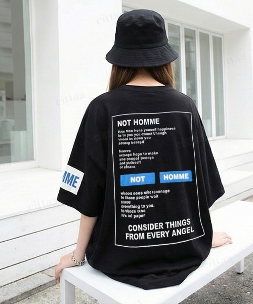 Dalfwin（ダールフィン）の「韓国ファッション HOMMEプリント半袖Tシャツ（Tシャツ/カットソー・レディース・ホワイト/ブラック・FREE）」の7枚目の写真