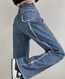 フリンジディテールハイウェストデニムパンツ