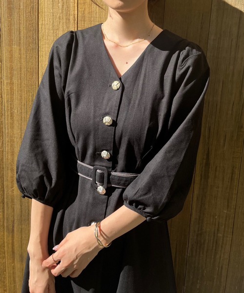 Ruff Collar Gold Button Belt Dress ワンピース Cherie chuu（シェリーチュウ）の「【Cherie chuu】ゴールド