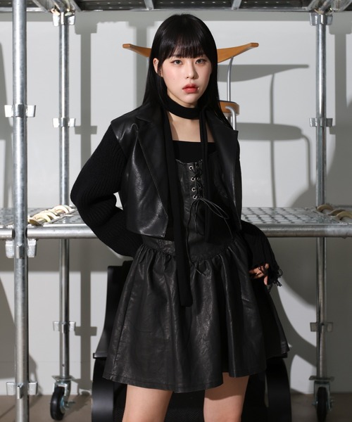 FOLLOWIN（フォロウィン）の「レザー＆ニットクロップドジャケット（ライダースジャケット・レディース・ベージュ/ブラック・FREE）」の9枚目の写真