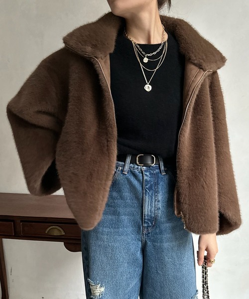 DouDou（ドゥドゥ）の「【WEB限定】ミンクライクファーリバーシブルブルゾン（ブルゾン・レディース・ブラウン/ライトグレー・FREE）」の4枚目の写真