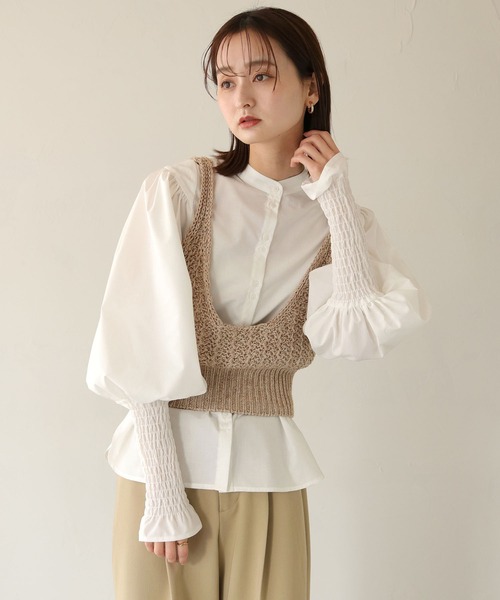 CLEIO（クレイオ）の「【CLEIO】袖シャーリング切替えパフスリーブシャツ（シャツ/ブラウス・レディース・ブラック/ホワイト・FREE）」の6枚目の写真