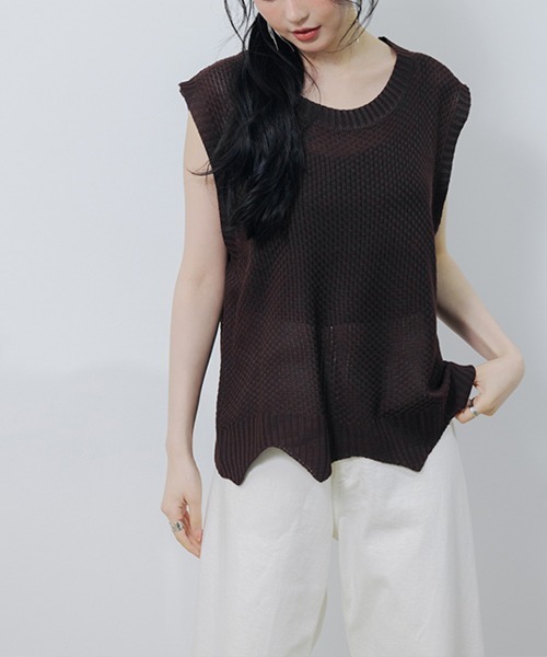SEU（エスイーユー）の「裾レース編みスカラップニットベスト ジレ サマーニット ペプラム裾 オフィスカジュアル きれいめカジュアル（ベスト・レディース・アイボリー/ブラック/チャコール/ベージュ/ネイビー/ブラウン/レンガ/ダークブラウン・フリー）」の19枚目の写真