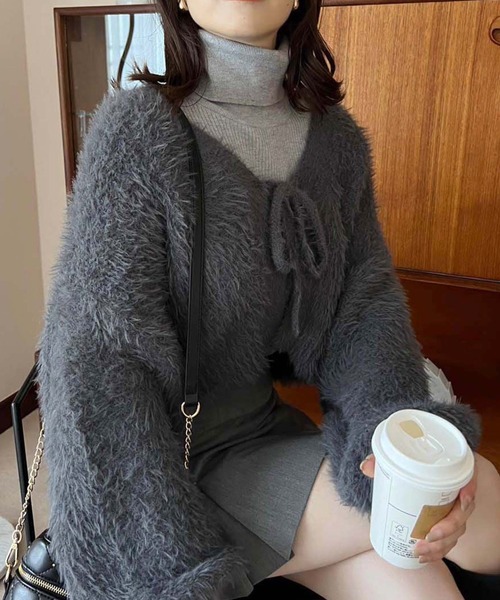 one after another NICE CLAUP（ワンアフターアナザーナイスクラップ）の「ふわモテあざとリボンショートカーディガン（カーディガン/ボレロ・レディース・アイボリー/グレー/ライトイエロー/ベビーピンク・FREE）」の3枚目の写真