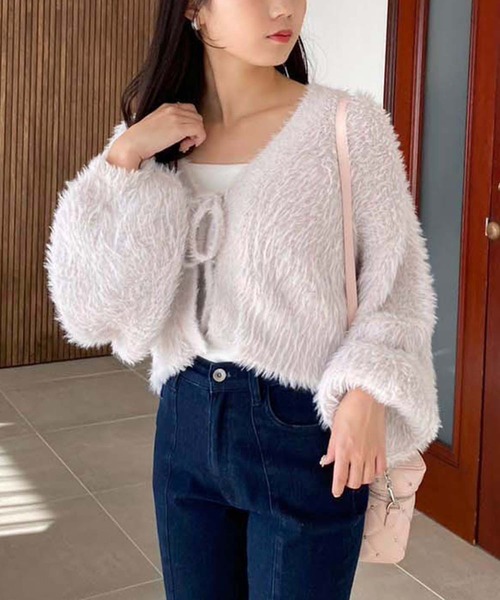 one after another NICE CLAUP（ワンアフターアナザーナイスクラップ）の「ふわモテあざとリボンショートカーディガン（カーディガン/ボレロ・レディース・アイボリー/グレー/ライトイエロー/ベビーピンク・FREE）」の13枚目の写真