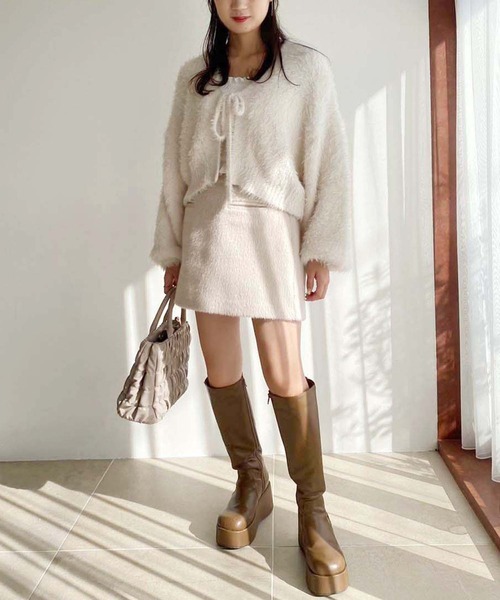 one after another NICE CLAUP（ワンアフターアナザーナイスクラップ）の「ふわモテあざとリボンショートカーディガン（カーディガン/ボレロ・レディース・アイボリー/グレー/ライトイエロー/ベビーピンク・FREE）」の12枚目の写真